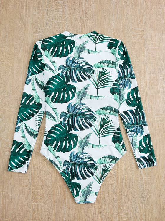 Tropical Print Zip Front One Piece Swimsuit