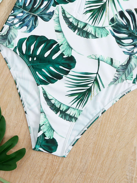 Tropical Print Zip Front One Piece Swimsuit