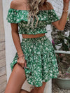 Allover Floral Print Off Shoulder Ruffle Trim Crop Top Skirt