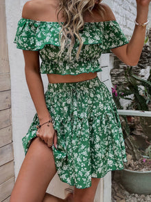  Allover Floral Print Off Shoulder Ruffle Trim Crop Top Skirt