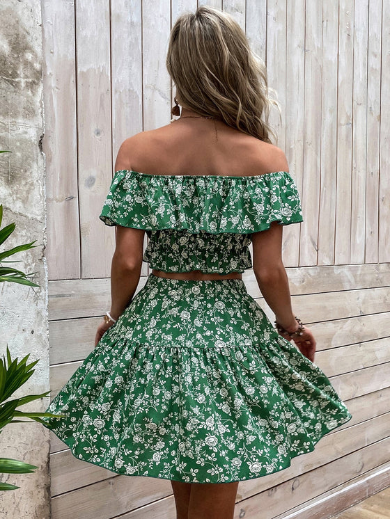 Allover Floral Print Off Shoulder Ruffle Trim Crop Top Skirt