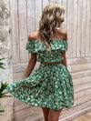 Allover Floral Print Off Shoulder Ruffle Trim Crop Top Skirt