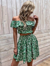 Allover Floral Print Off Shoulder Ruffle Trim Crop Top Skirt