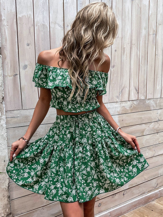 Allover Floral Print Off Shoulder Ruffle Trim Crop Top Skirt