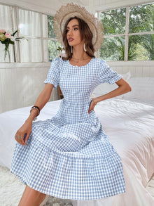  Gingham Puff Sleeve Ruffle Hem Smock Dress