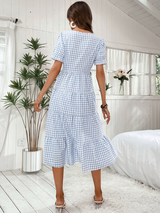 Gingham Puff Sleeve Ruffle Hem Smock Dress