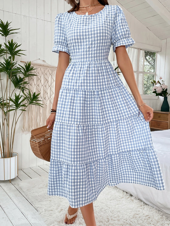 Gingham Puff Sleeve Ruffle Hem Smock Dress