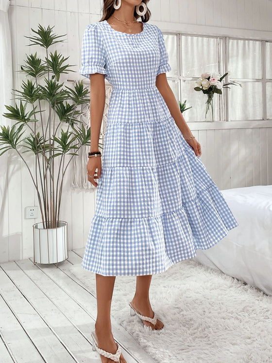 Gingham Puff Sleeve Ruffle Hem Smock Dress