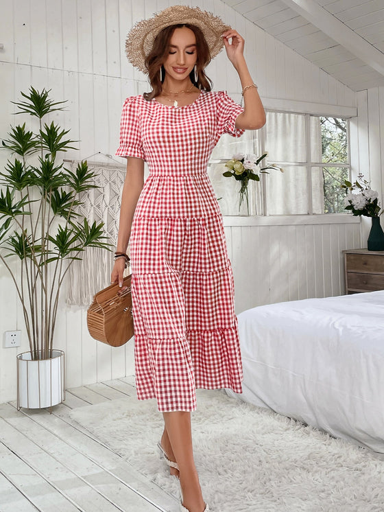 Gingham Puff Sleeve Ruffle Hem Smock Dress