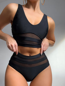  Solid Contrast Mesh Bikini Swimsuit