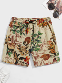  Men Tropical Pattern Drawstring Waist Shorts