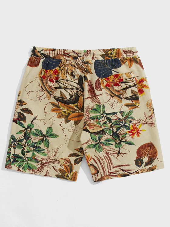 Men Tropical Pattern Drawstring Waist Shorts