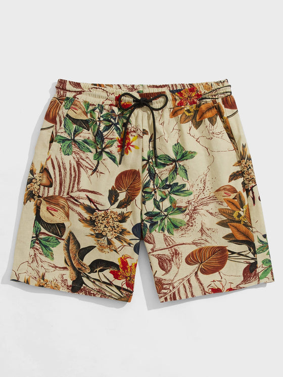 Men Tropical Pattern Drawstring Waist Shorts