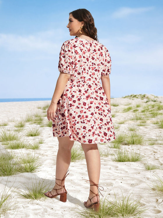 Plus Allover Floral Puff Sleeve Dress