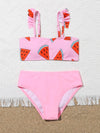 Girls Watermelon Print Ruffle Trim Bikini Swimsuit