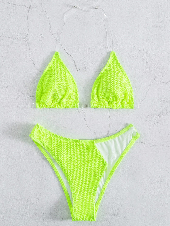 Plain Cheer Strap Triangle Bikini Swimsuit