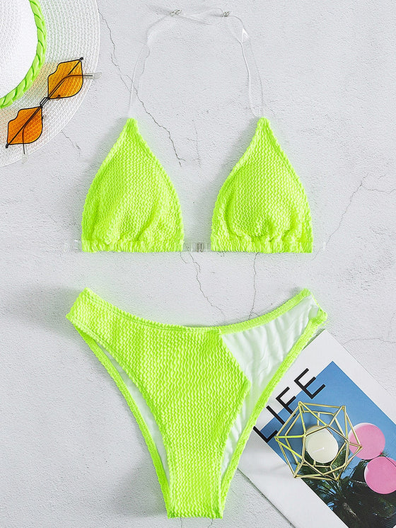 Plain Cheer Strap Triangle Bikini Swimsuit