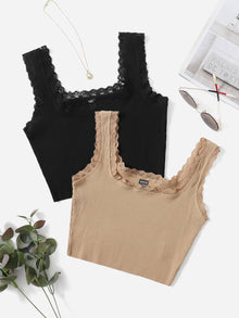  2pcs Lace Trim Crop Tank Top