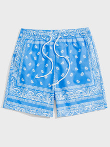  Men Drawstring Waist Paisley Print Shorts