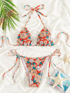 Floral Print Smocked Halter Triangle Bikini Swimsuit