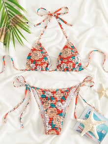  Floral Print Smocked Halter Triangle Bikini Swimsuit