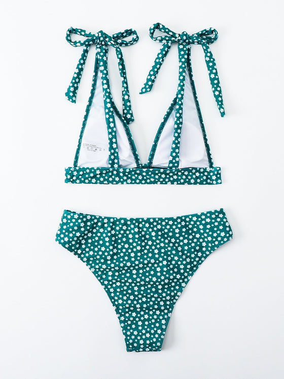 Ditsy Floral Print Knot Shoulder Bikini Swimsuit