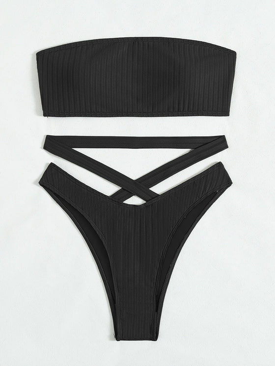 Cross Bandeau High Cut Bikini Swimsuit