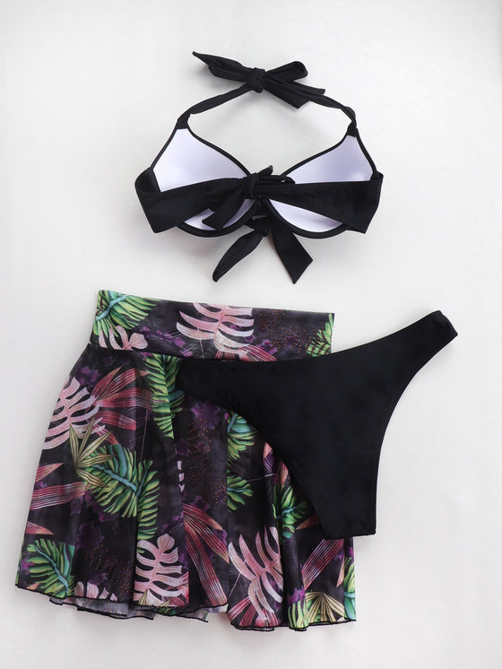 3pack Plant Print Knot Front Push Up Bikini Swimsuit Beach Skirt