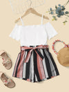 Girls Colorful Striped Cold Shoulder Belted Romper