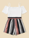 Girls Colorful Striped Cold Shoulder Belted Romper