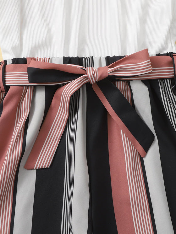 Girls Colorful Striped Cold Shoulder Belted Romper