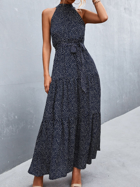 Self Tie Polka Dot Maxi Halter Dress