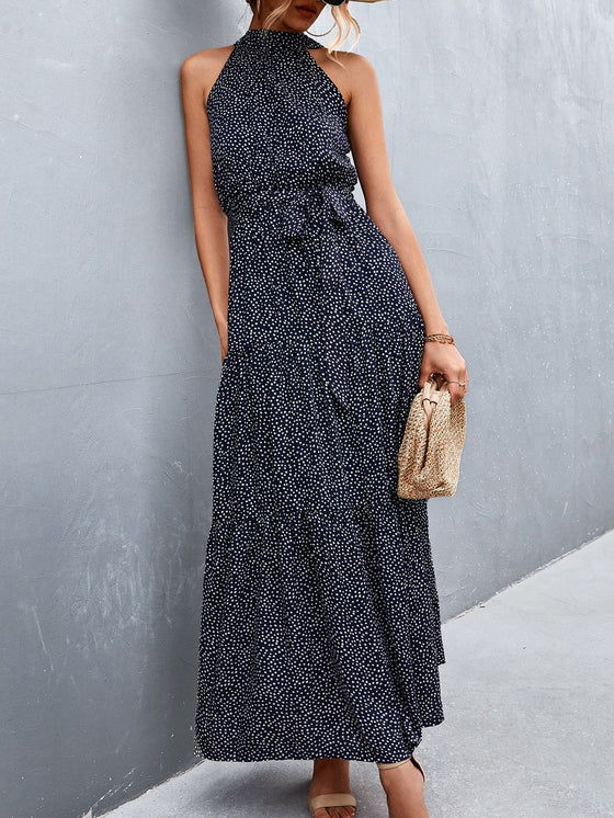 Self Tie Polka Dot Maxi Halter Dress