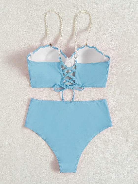 Faux Pearl Strap Shell Design Bikini Swimsuit