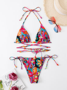  Allover Print Halter Triangle Bikini Swimsuit