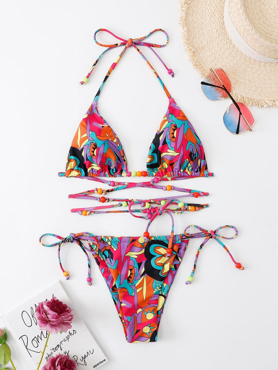 Allover Print Halter Triangle Bikini Swimsuit