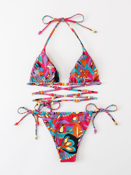 Allover Print Halter Triangle Bikini Swimsuit