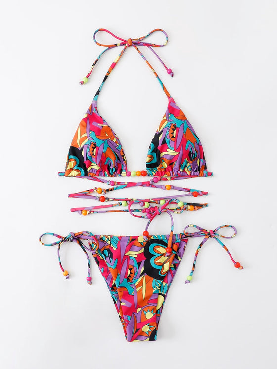 Allover Print Halter Triangle Bikini Swimsuit