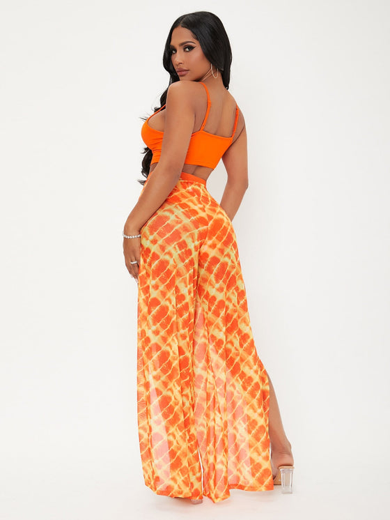 TRANSPARENT SXY Neon Orange Crop Cami Top Tie Dye Split Thigh Pants Set