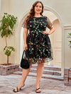 Plus Floral Embroidery Mesh Panel Dress