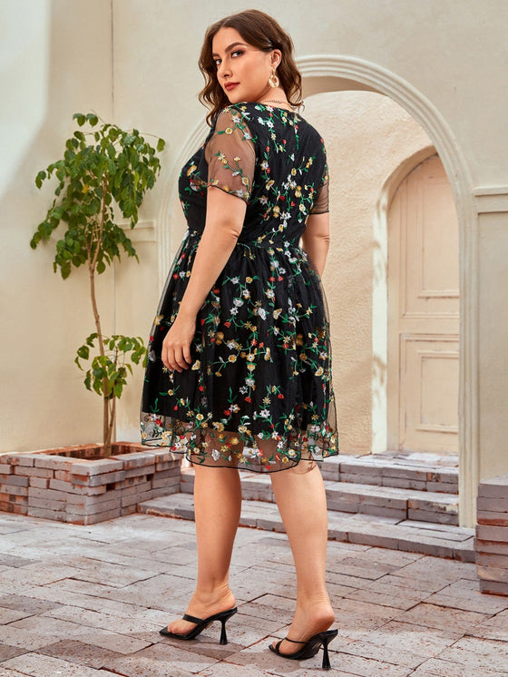 Plus Floral Embroidery Mesh Panel Dress