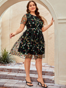  Plus Floral Embroidery Mesh Panel Dress