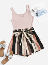 Notched Neck Block Stripe Belted Tank Romper