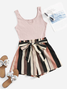  Notched Neck Block Stripe Belted Tank Romper