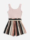 Notched Neck Block Stripe Belted Tank Romper