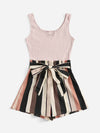 Notched Neck Block Stripe Belted Tank Romper