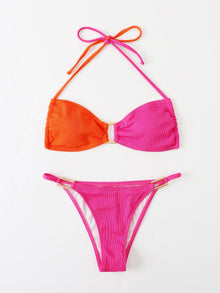  Colorblock Rib Halter Bikini Swimsuit