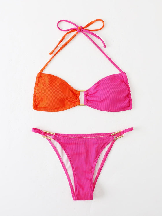 Colorblock Rib Halter Bikini Swimsuit