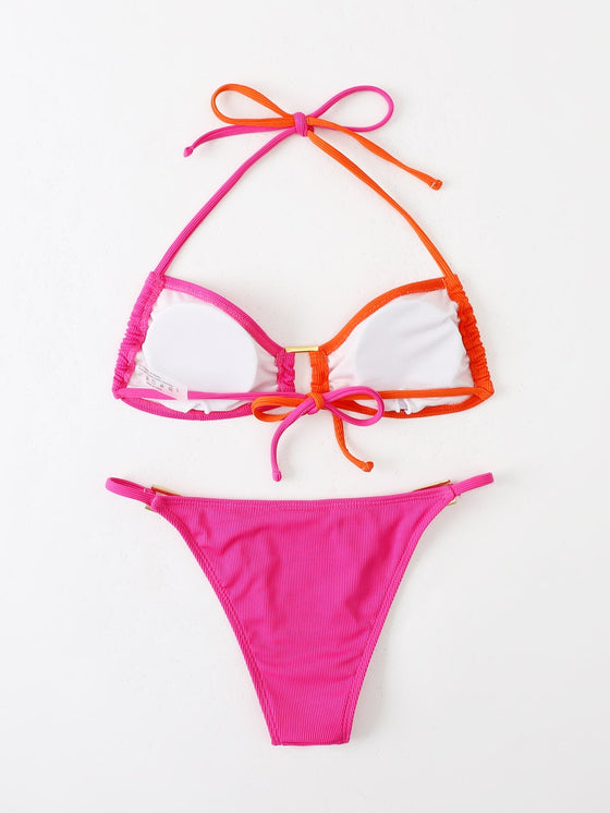 Colorblock Rib Halter Bikini Swimsuit