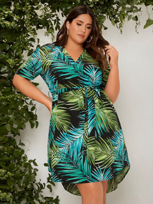  Plus Tropical Print Curved Hem Belted Dress